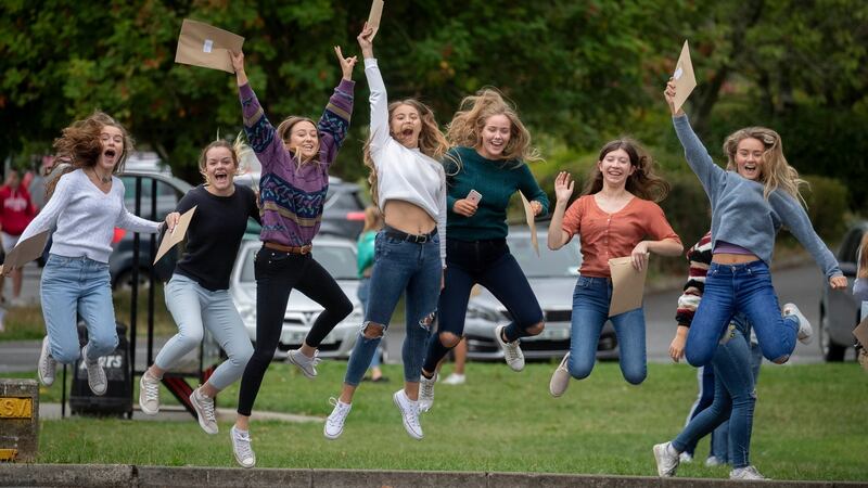 From left Anna Dowley, Kara Fitzherbert, Nicola Pratt, Sara Deacon, Holly Moynan, Vicky Woods and Hanah Condell getting the Leaving Certificate results at Kilkenny College. Photograph: Dylan Vaughan