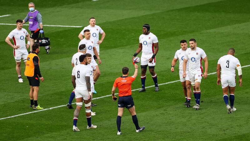 Charlie Ewels is shown a red card by Mathieu Raynal less than two minutes in to Ireland’s clash with England at Twickenham. Photograph: James Crombie/Inpho