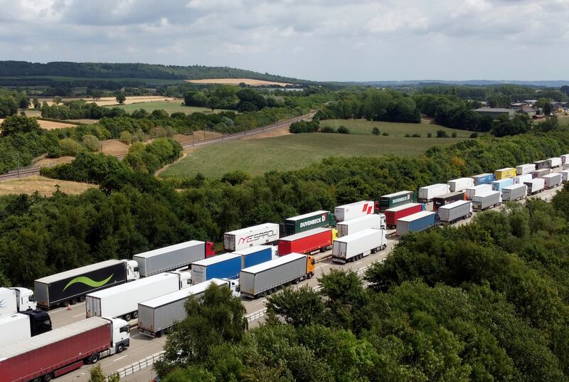 Lorries queuing during Operation Brock on the M20 near Ashford in Kent on Saturday. 