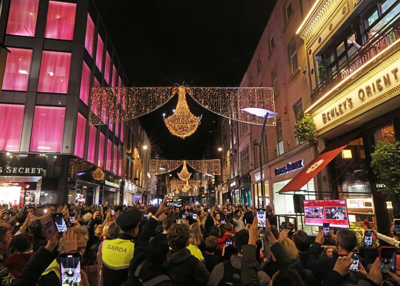 Crowds on Grafton Street Dublin for DublinTown Turning on ceremony of the Christmas Lights. Photograph: Leon Farrell/Photocall 