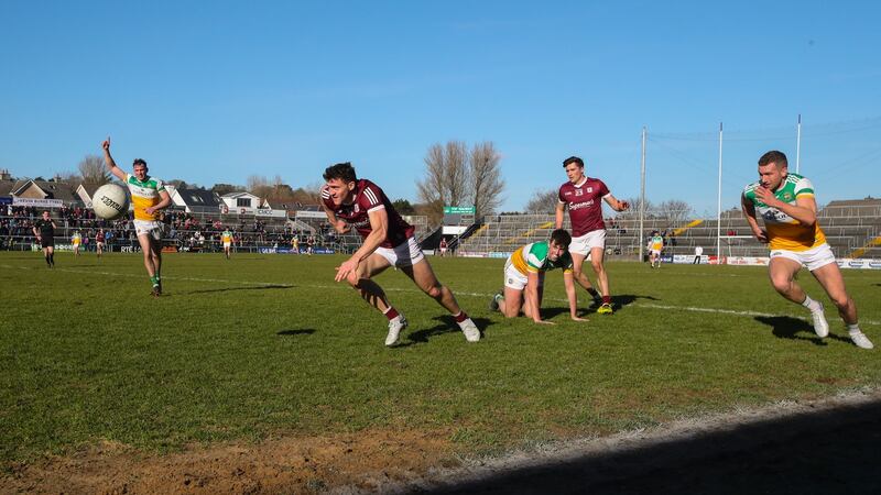 Galway’s Damien Comer leads the chase for the ball during the Allianz Football League Division 2 game against Offaly at  Pearse Stadium in Salthill. Photograph:  Bryan Keane/Inpho