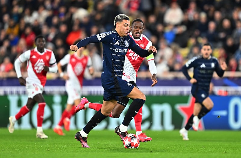 Aston Villa's Morgan Rogers under pressure from Monaco's Denis Zakaria. Photograph: Aston Villa FC via Getty Images