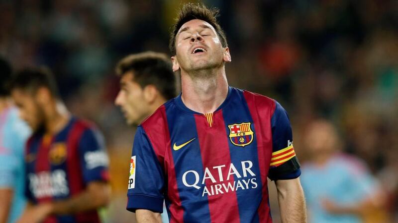 Barcelona’s Lionel Messi  frustrated during the defeat to Celta Vigo at Camp Nou. Photograph: Albert Gea / Reuters