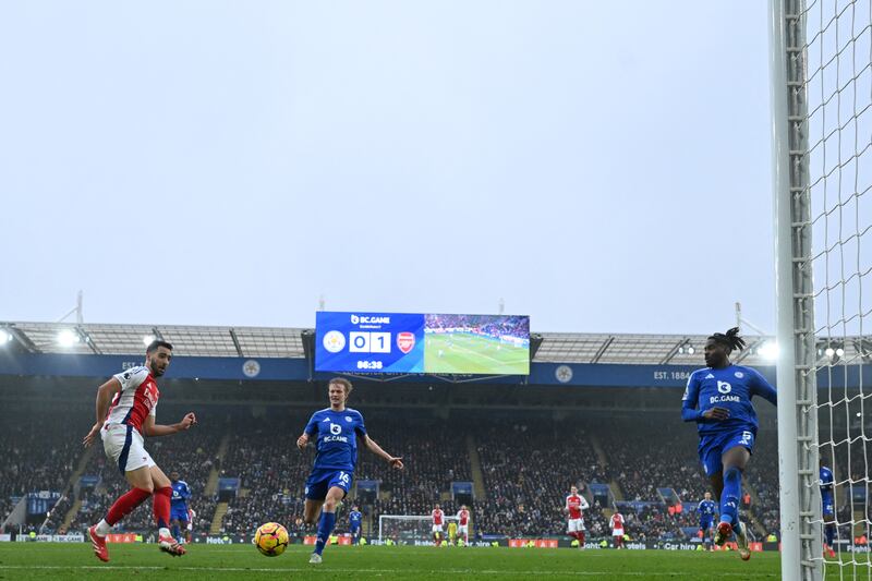 Mikel Merino scores Arsenal's second goal against Leicester City. Photograph: Justin Tallis/AFP via Getty Images