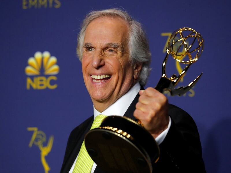 Henry Winkler poses with his Outstanding Supporting Actor in a Comedy Series award for Barry. Photoraph: Mike Blake/Reuters