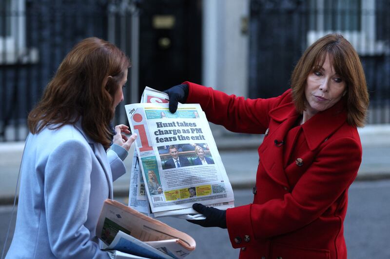 Kay Burley, right, reports from outside 10 Downing Street in London in October 2022 as Liz Truss's career as UK prime minister implodes. Photograph: Adrian Dennis/Getty