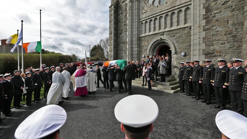 The remains of Capt Mark Duffy are taken from St Oliver Plunkett Church, Blackrock, Co Louth this morning, after his funeral Mass. Photograph: Colin Keegan/Collins Dublin