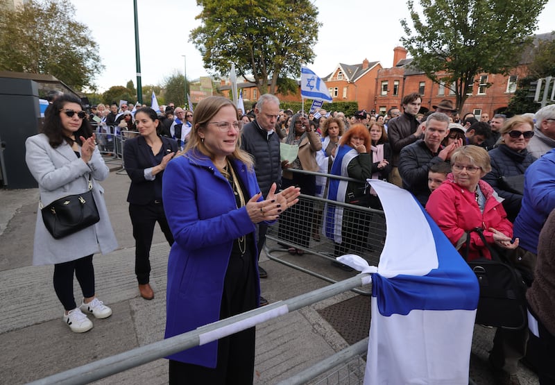 Israeli ambassador to Ireland Dana Erlich addresses a protest in support of Israel at the Israeli embassy in Dublin on October 15th. Photograph: Alan Betson/The Irish Times
