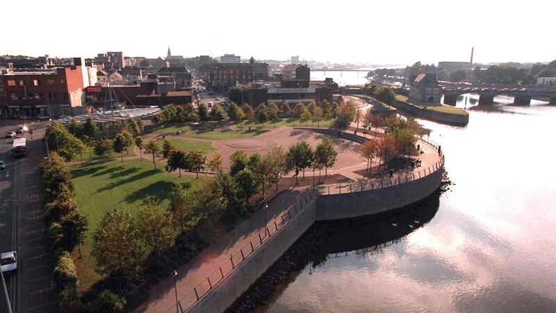 View of Limerick City and Arthurs Quay Park looking south down the river Shannon.