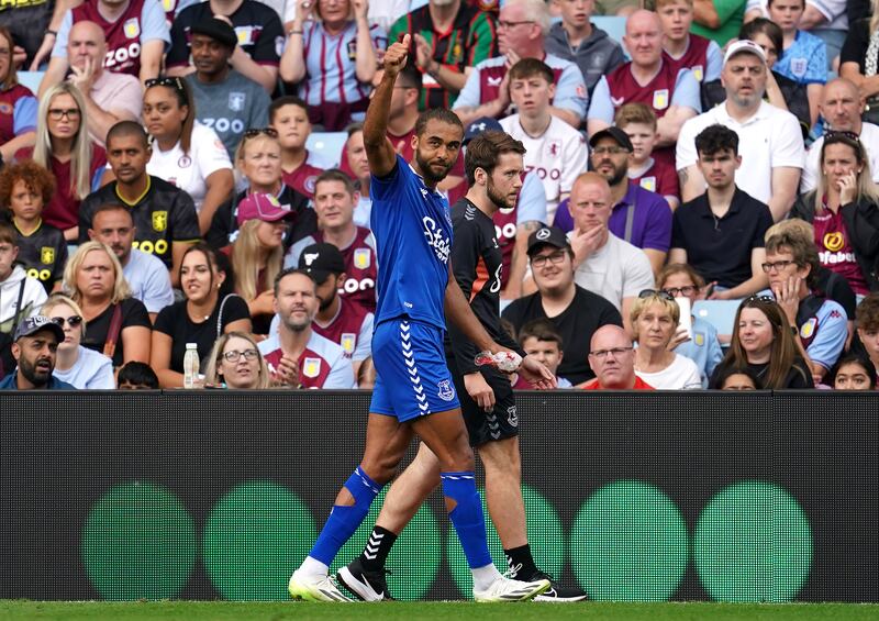 Everton's Dominic Calvert-Lewin leaves the field after picking up a cheek  injury during the Premier League defeat at Villa Park. Photograph: Nick Potts/PA 