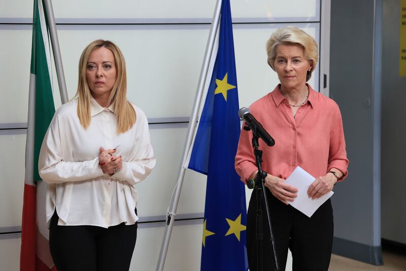 Italian prime minister Giorgia Meloni, and European Commission president Ursula von der Leyen attending talks with Tunisian leader Kais Saied in Tunis on June 11th. Photograph: Michele Nucci/LaPresse/AP