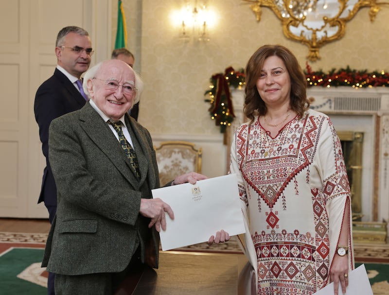 President Michael D Higgins with Dr Jilan Wahba Abdalmajid, the first full ambassador from the State of Palestine. Photograph: Tony Maxwell/PA Wire