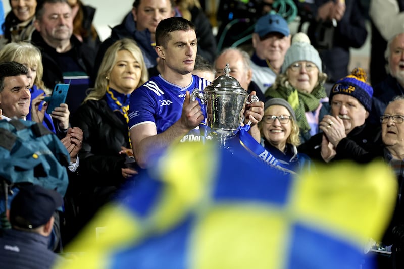 Clare's Conor Cleary lifts the trophy after defeating Kilkenny in the Allianz Hurling League Division 1 final, FBD Semple Stadium, Tipperary, earlier this year. Photograph: Laszlo Geczo/Inpho