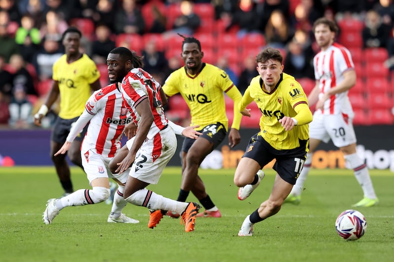 Rocco Vata in action against Stoke City. His recent displays for Watford convinced Hallgrímsson to fast-track the 19-year-old into the senior squad as Albania are also keen on his services. Photograph: Barrington Coombs/PA Wire 