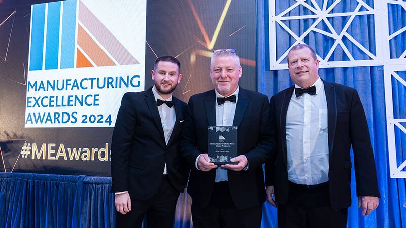 Adam Kane, community lead at Business River presents the manufacturer of the year – wood products award to Fergal Conroy and Terry Boland, Oliver Conroy Pallets