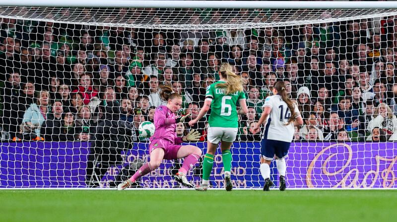 Ireland’s Courtney Brosnan makes a save against England. Photograph: Ryan Byrne/Inpho
