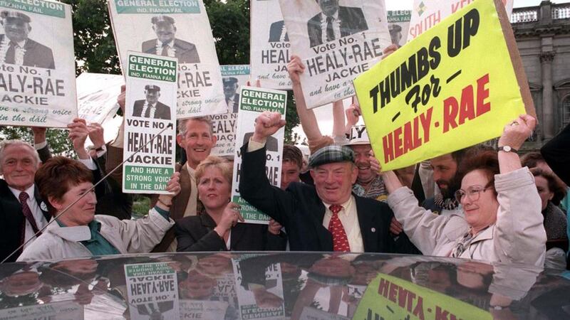 Jackie Healy-Rae and his supporters arrive in Dublin from Kerry after winning a seat. Photograph: Alan Betson