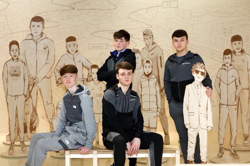 Reesce, Pearse, Tyler and Sean pictured with drawings by Dr Fiona Whelan, NCAD. 'We made a boy and he’s basically come to life.' Photograph: Nick Bradshaw