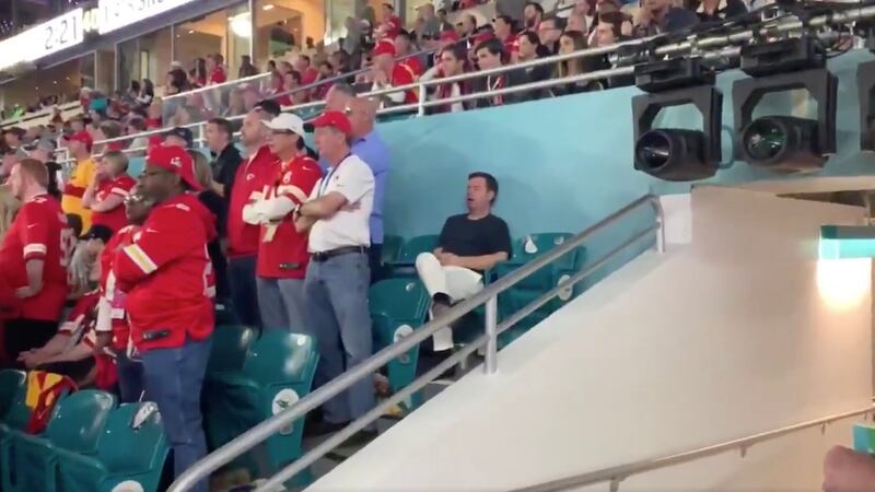 Teneo chief executive Declan Kelly, the brother of Labour TD Alan Kelly, sleeping at the Super Bowl on Sunday. Photograph: Screengrab from video by Karisa Maxwell posted on Twitter