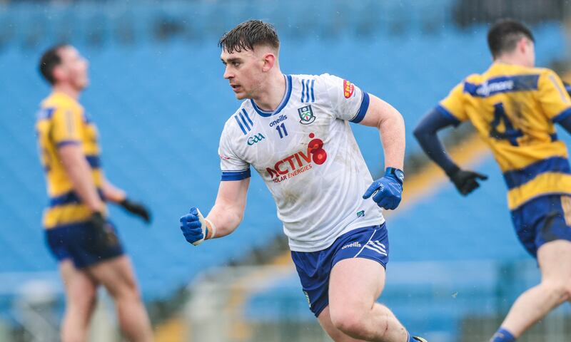 Monaghan's Micheal Bannigan celebrates after scoring. Photograph: Tom Maher/Inpho