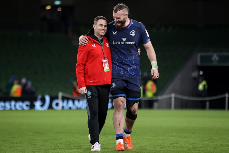 Bath head coach Johann Van Graan after the game with Leinster's RG Snyman. Photograph: Ben Brady/Inpho