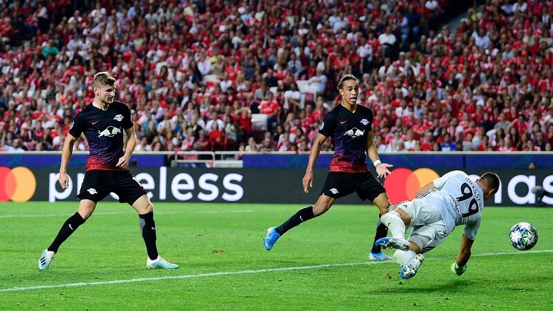 Timo Werner scores Leipzig’s second in Lisbon. Photograph: Octavio Passos/Getty