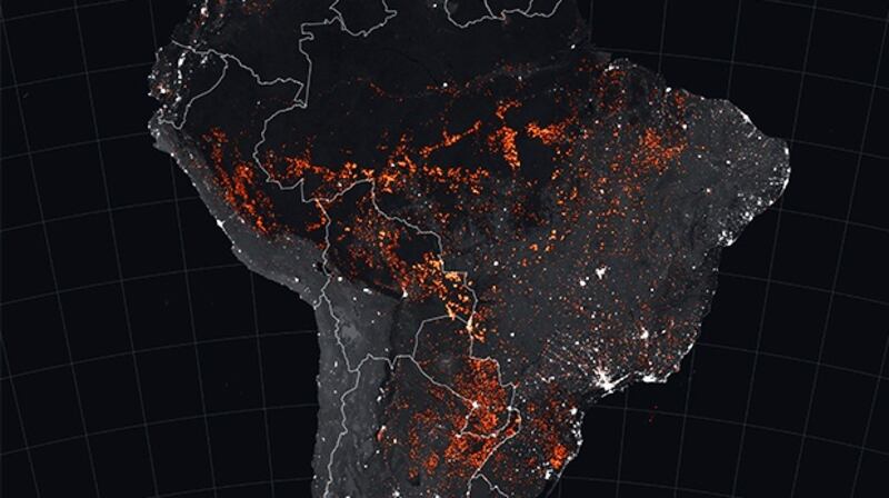 The map  shows active fire detections in Brazil as observed by Nasa’s Terra and Aqua MODIS between August 15-22th, 2019. The locations of the fires are shown in orange. Photograph: Nasa