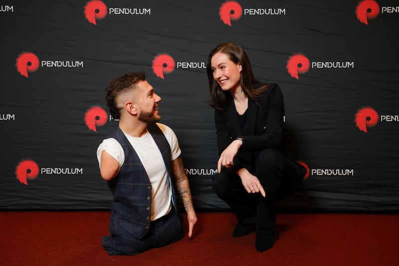 Pendulum Summit speakers Nick Santonastasso and former prime minister of Finland Sanna Marin on the main stage at the Convention Centre, Dublin. Photograph: Conor McCabe