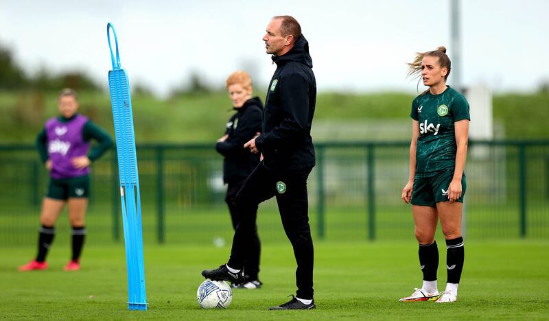 Former Republic of Ireland head coach Eileen Gleeson and her assistant Colin Healy at training in Dublin in September of last year. Photograph: INPHO/Ryan Byrne