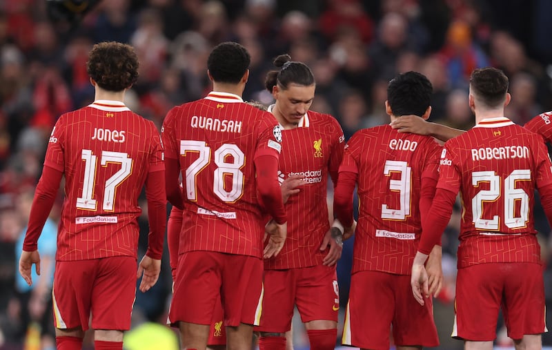 Darwin Nunez looks dejected after missing his Liverpool's second penalty during the shootout against Paris Saint-Germain at Anfield on March 11th. Photograph: Julian Finney/Getty Images