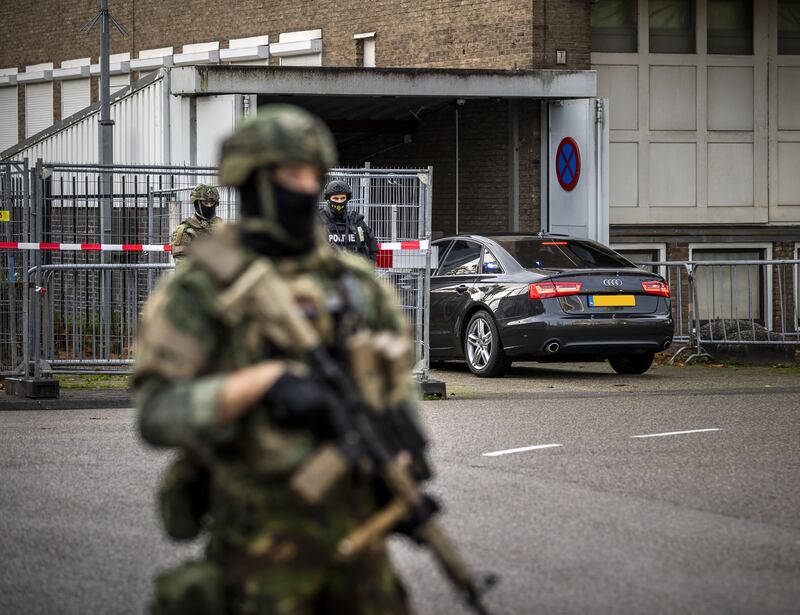 A security official at 'The Bunker' extra-secure court in Amsterdam during the trial of Kinahan cartel associate Ridouan Taghi. Photograph: Remko De Waal