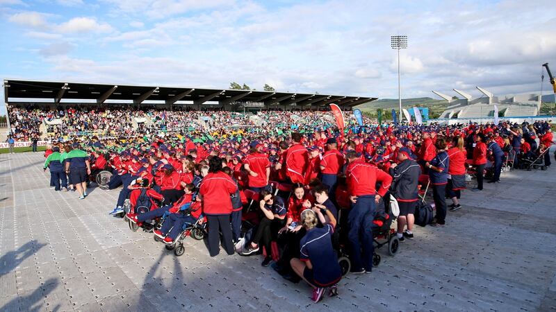 Participants in the Special Olympics Ireland Games gather at the opening ceremony in  Tallaght Stadium, Dublin on Thursday evening. Photograph: Niall Dickson/INPHO.