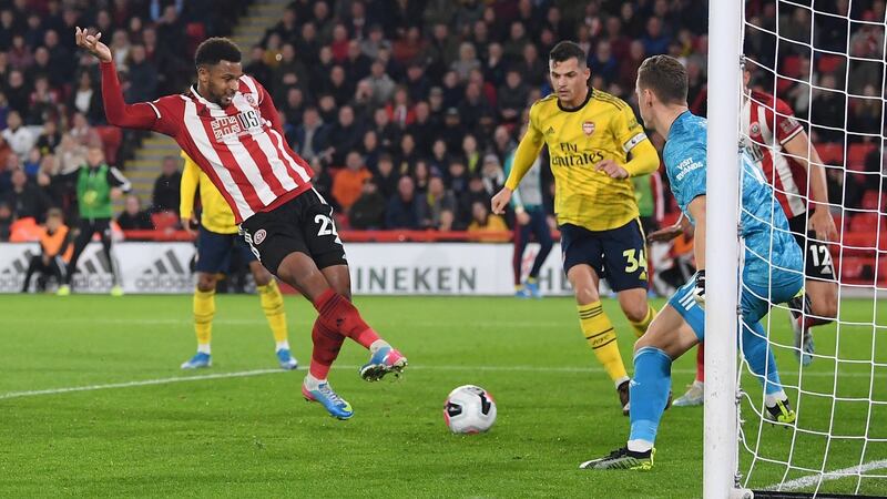 Lys Mousset of Sheffield United scores the winner during their Premier League clash with Arsenal. Photograph: Michael Regan/Getty Images