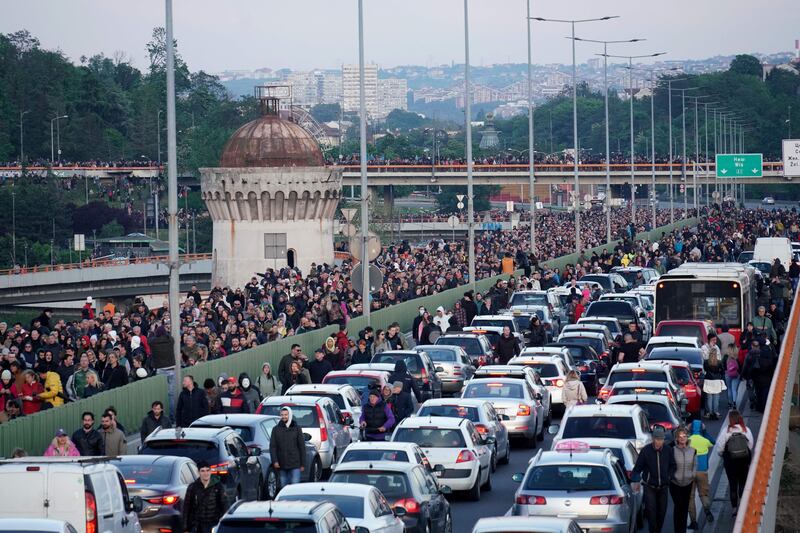 Protesters block a bridge in Belgrade, calling for the resignation of top officials and the curtailing of violence in the media. Photograph: Oliver Bunic / AFP via Getty Images