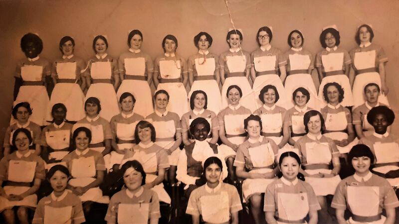 The intake of student nurses, including Olive McKeown, at Lewisham School of Nursing, London, January 1974.