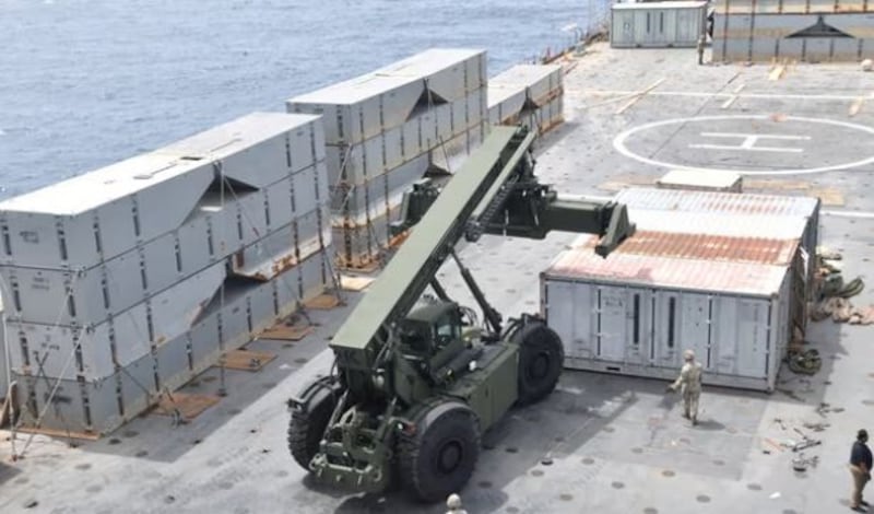 US navy personnel construct a pier to assist aid distribution to Gaza in the Mediterranean Sea. Photograph: US navy/Reuters