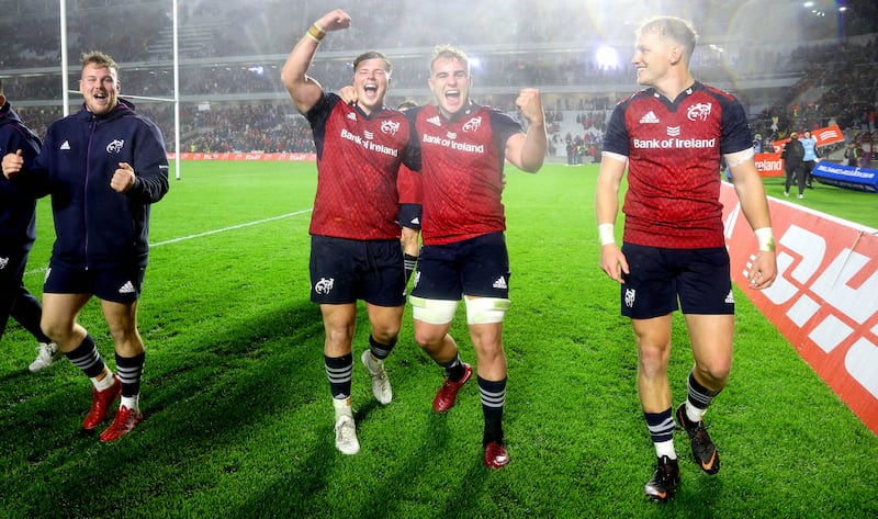 Munster’s Fineen Wycherley and Alex Kendellen celebrate after the province's sold-out clash against South Africa A in Páirc Uí Chaoimh in 2022. Photograph: Ryan Byrne/Inpho