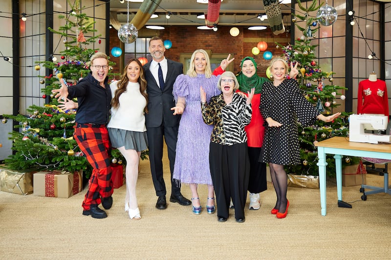 The Great British Sewing Bee: Ian H Watkins, Charlotte Crosby, Patrick Grant, Sara Pascoe, Esme Young, Fatiha El-Ghorri, Kellie Bright. Photograph: Neil Sherwood/Love Productions/BBC