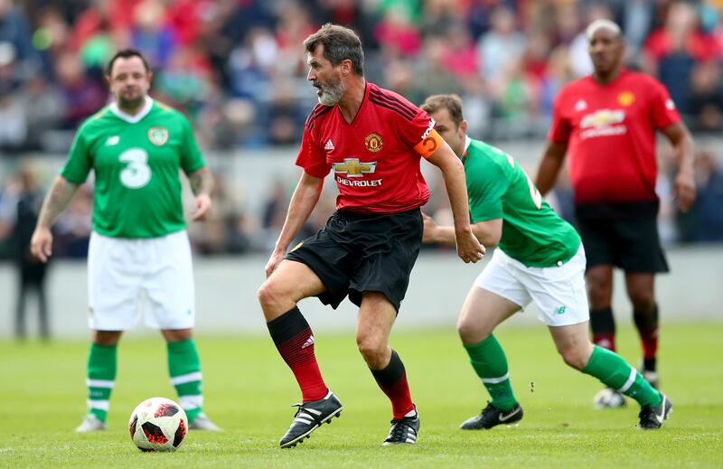 Manchester United's Roy Keane and Celtic's Shaun Maloney playing in the Liam Miller tribute match at the ground in 2018. Photograph: James Crombie/Inpho