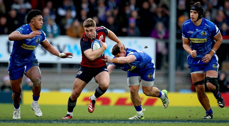 Exeter Chiefs’ Dan Frost and Jack Crowley of Munster. Photograph: Ryan Byrne/Inpho