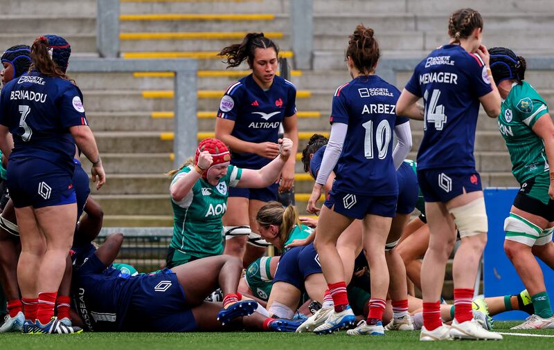 Ireland's Aoife Wafer celebrates after a try from Neve Jones. Photograph: Ben Brady/Inpho