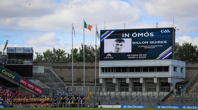 A minute's silence is observed to mark the death of Dillon Quirke ahead of last Sunday's All-Ireland camogie final. Photograph: Evan Treacy/Inpho