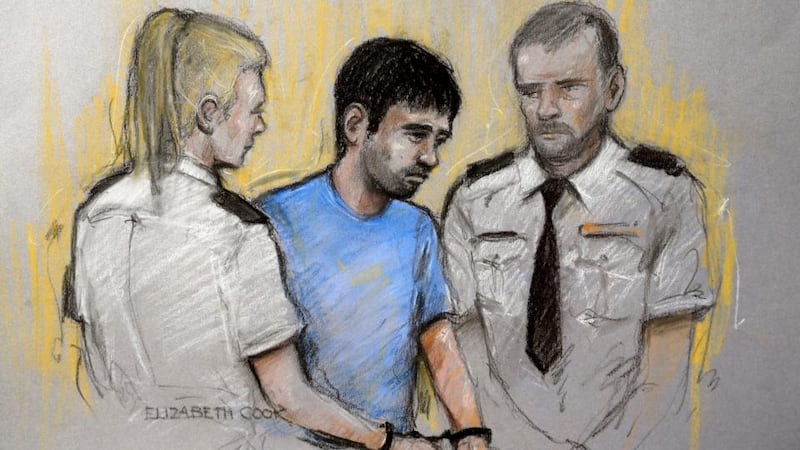 Court artist sketch  of Nathan Matthews appearing at Bristol Magistrate’s Court, Bristol, where he was charged with the murder of his stepsister Becky Watts. Sketch: Elizabeth Cook