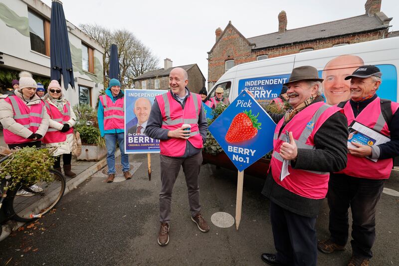 Independent TD for Kildare South, Cathal Berry, on a canvas walkabout in Kildare town with members of his team. Photograph: Alan Betson

