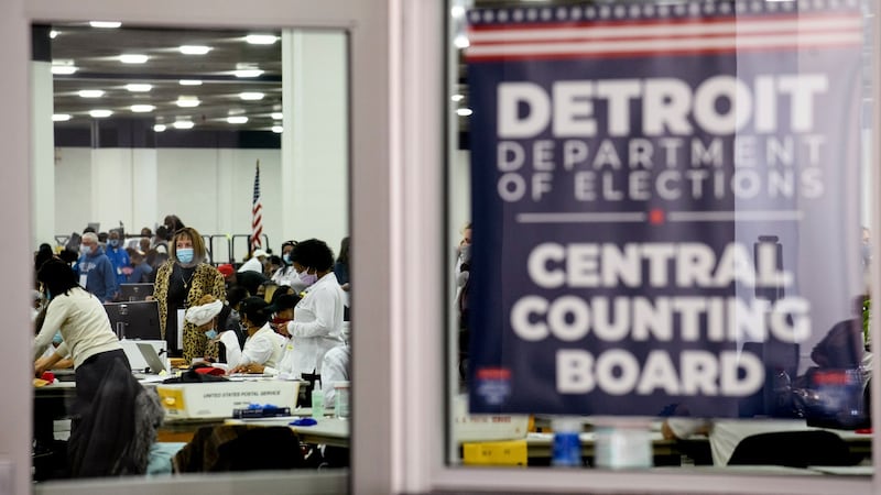 Workers with the Detroit Department of Elections count absentee ballots in Detroit on  November 4th. Photograph: Brittany Greeson/New York Times