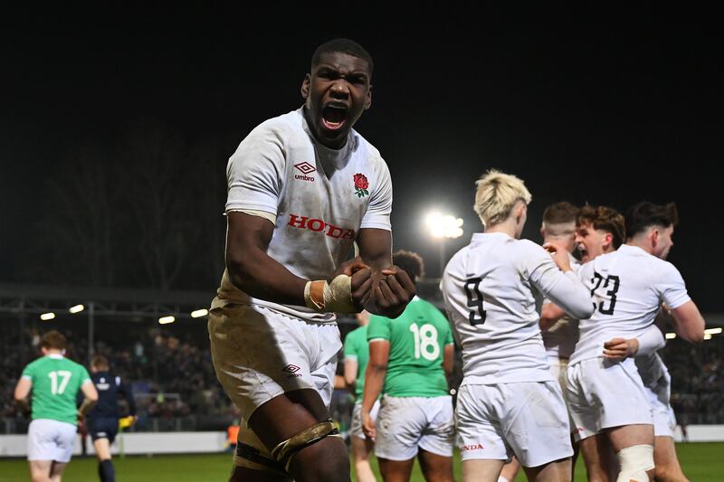 Junior Kpoku of England U20 celebrates after teammate Ben Waghorn scored the team's third try during the 32-32 draw against Ireland at the The Rec in Bath, England. Photograph: Dan Mullan/Getty Images
