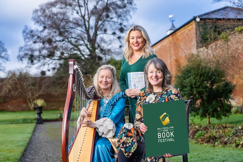 Harpist Eileen Beamish from Celtic Grace, Rosalind Mulholland from Ballyscullion Park Book Festival and NI international best-selling author Emma Heatherington