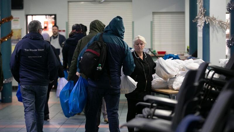 Christmas hampers: Over 2,500 parcels being handed out by the Capuchin Day Centre for Homeless People this morning. Photo: Sam Boal/Rollingnews.ie