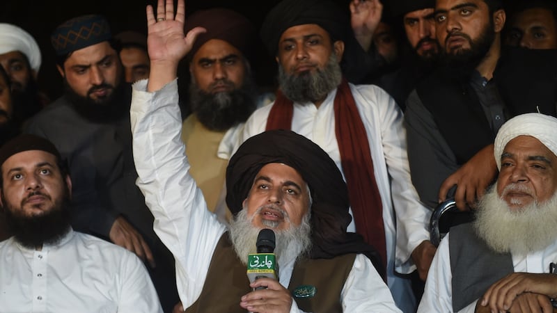 Khadim Hussain Rizvi, head of the Tehreek-e-Labaik Pakistan (TLP), a hardline religious political party, during a press conference in Lahore on Friday. Photograph: Arif Ali/AFP/Getty Images