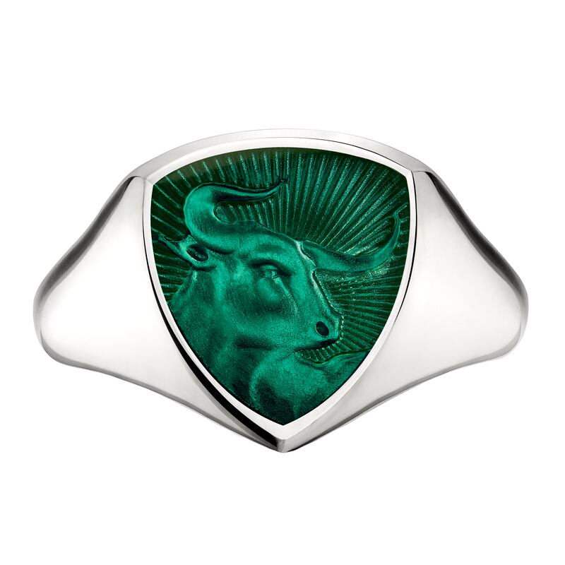 Signum Collection ring in white gold Bull Forrest enamel face by Shaun Leane